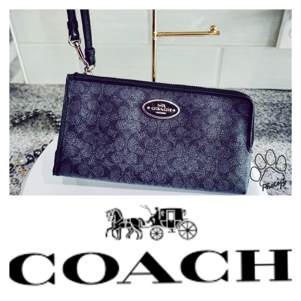 Coach Black & Gray Coated Canvas Signature Corner Zip Slim Wallet Wristlet
